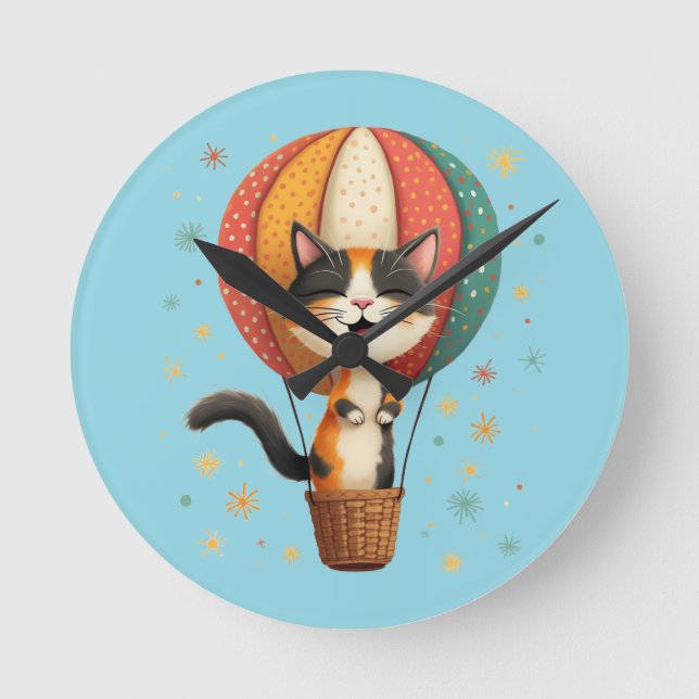 Joyful Calico Cat Sky Adventure Illustration Round Clock (Front)