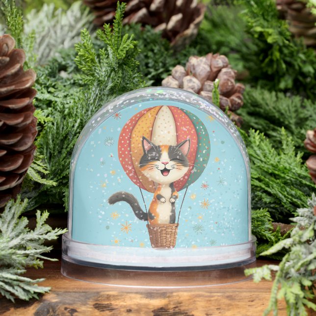 Joyful Calico Cat Sky Adventure Illustration Snow Globe (Winter)