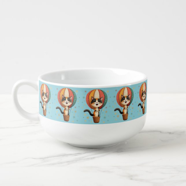 Joyful Calico Cat Sky Adventure Illustration Soup Mug (Right)