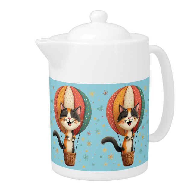 Joyful Calico Cat Sky Adventure Illustration Teapot (Right)