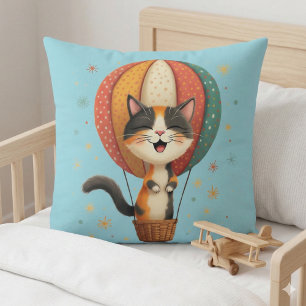 Joyful Calico Cat Sky Adventure Illustration Throw Pillow
