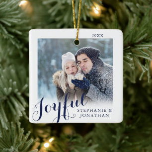 Joyful Calligraphy Elegant Photo Christmas Ceramic Ornament