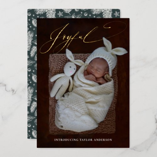 Joyful Calligraphy Holiday Foil Birth Announcement