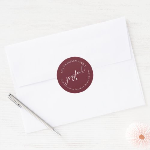 Joyful Calligraphy Return Name Address Burgundy Classic Round Sticker