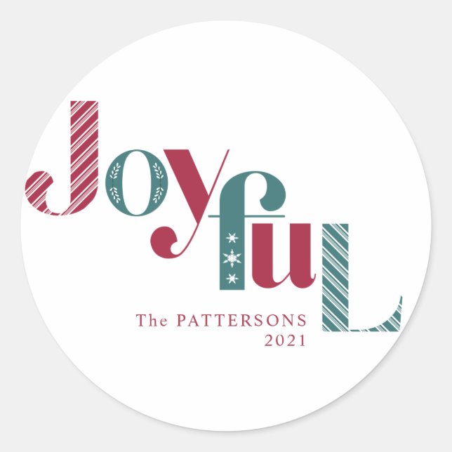 Joyful Candy Cane Burgundy Holiday Classic Round Sticker (Front)