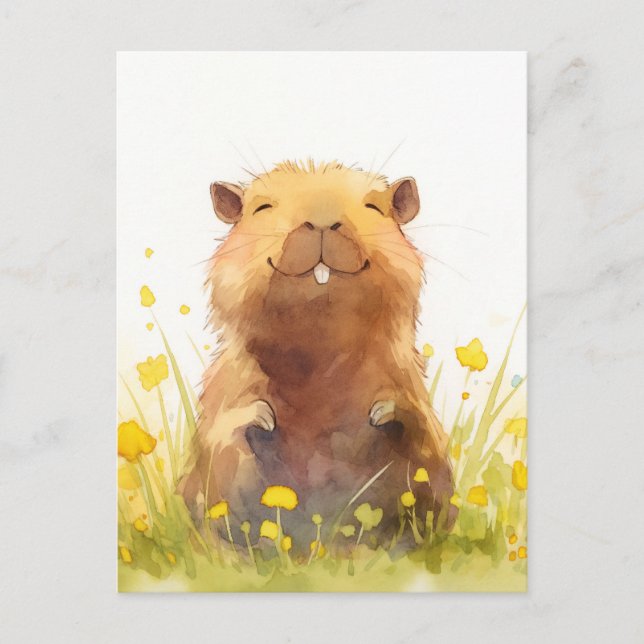 Joyful Capybara in Yellow Wildflower Meadow Postcard (Front)