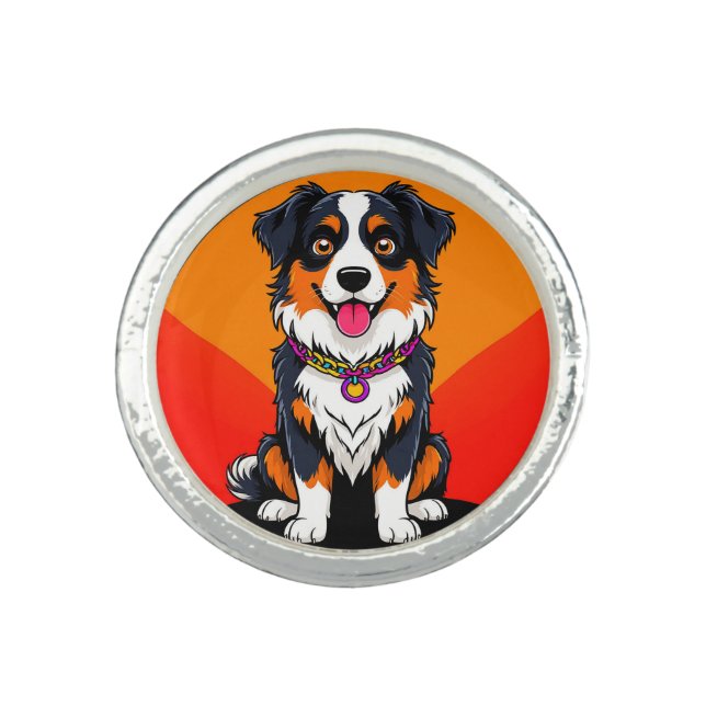 Joyful Cartoon Dog Illustration Ring (Front)