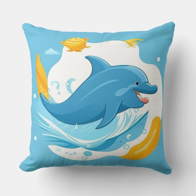 Joyful Cartoon Dolphin Swimming in Blue Water Throw Pillow (Front)