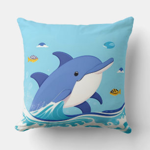 Joyful Cartoon Dolphin Swimming in Blue Water Throw Pillow