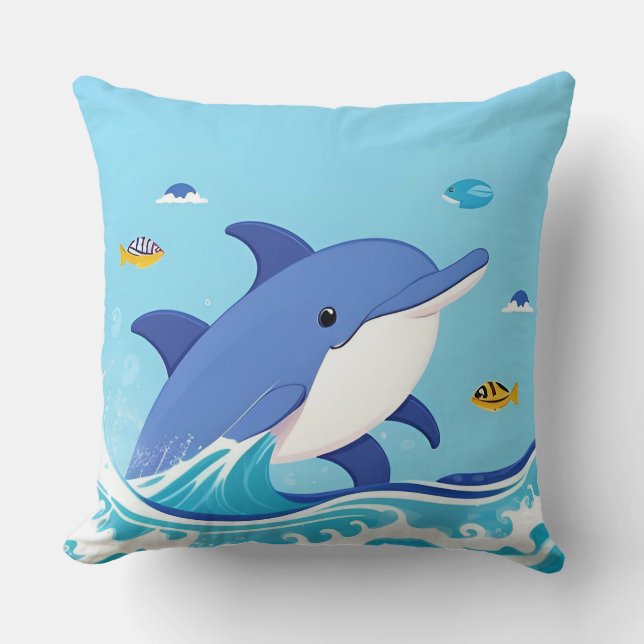 Joyful Cartoon Dolphin Swimming in Blue Water Throw Pillow (Front)