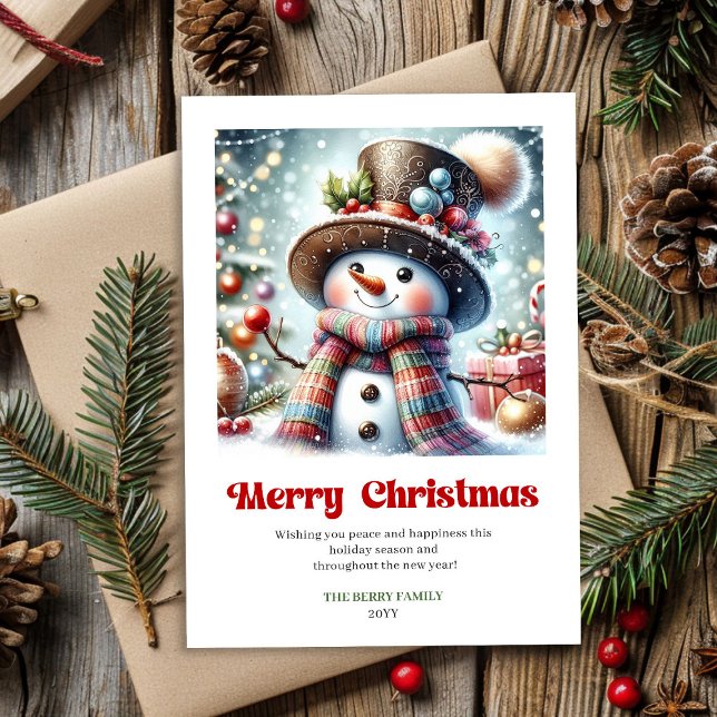 Joyful cartoon snowman festive red green gold kids holiday card (Joyful cartoon snowman festive red green gold kids Holiday Card)