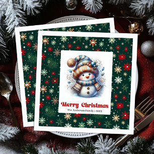 Joyful cartoon snowman with snowflakes kids napkin