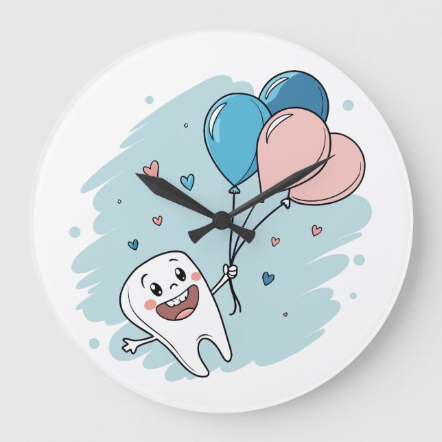 Joyful Cartoon Tooth with Balloons – Dental Health Large Clock (Front)
