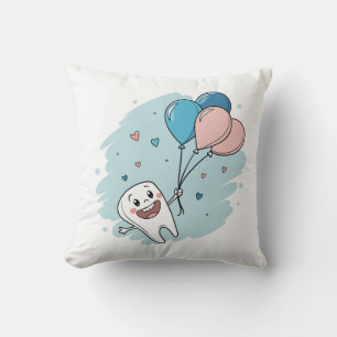 Joyful Cartoon Tooth with Balloons – Dental Health Throw Pillow