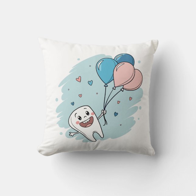 Joyful Cartoon Tooth with Balloons – Dental Health Throw Pillow (Front)