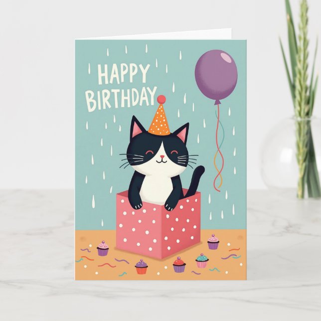Joyful Cat Party Hat Card (Front)