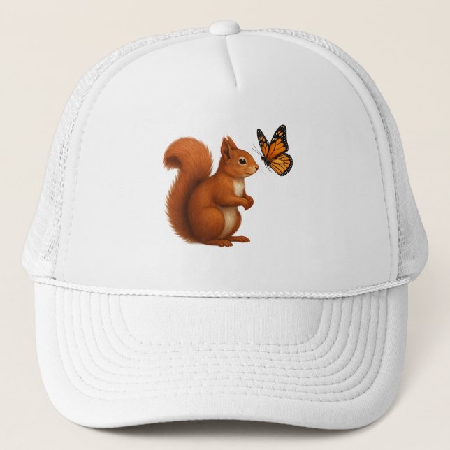Joyful Chase – Happy Squirrel & Butterfly Trucker Hat (Front)