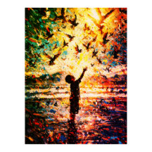 Joyful Child Playing with Birds Sunrise Water