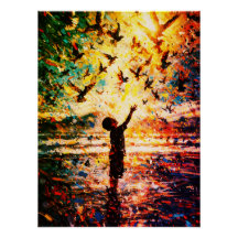 Joyful Child Playing with Birds Sunrise Water