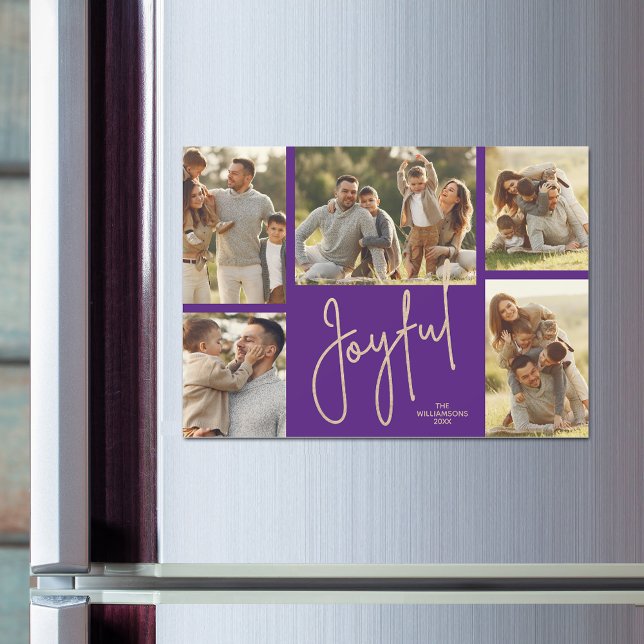 JOYFUL Christmas 5 Photo Purple Magnetic Cards (JOYFUL script on purple Christmas photo collage holiday magnetic cards)