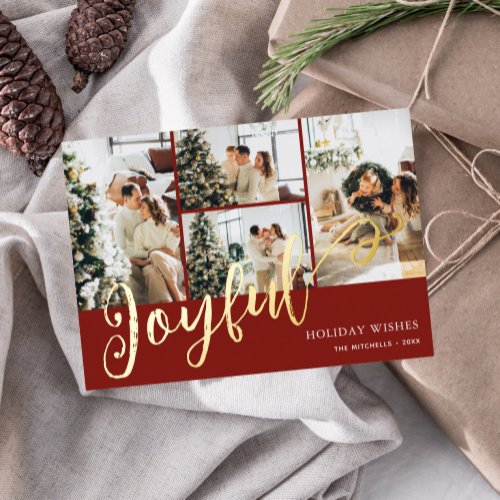 Joyful Christmas Brush Script Photo Red Foil Holiday Card