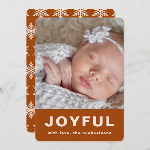 Joyful Christmas Burnt Orange Snowflake Photo Holiday Card