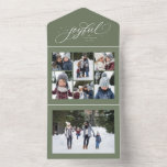 Joyful Christmas collage 7 photo green trifold All In One Invitation<br><div class="desc">An elegant script "joyful" is surrounded by sparkly stars on this unique holiday trifold card. Personalize it with your collage of 6 photos and large single photo. There's also room for a longer message that can work as an update or left blank. Perfect for sending Christmas cheer to friends and...</div>