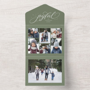Joyful Christmas collage 7 photo green trifold All In One Invitation