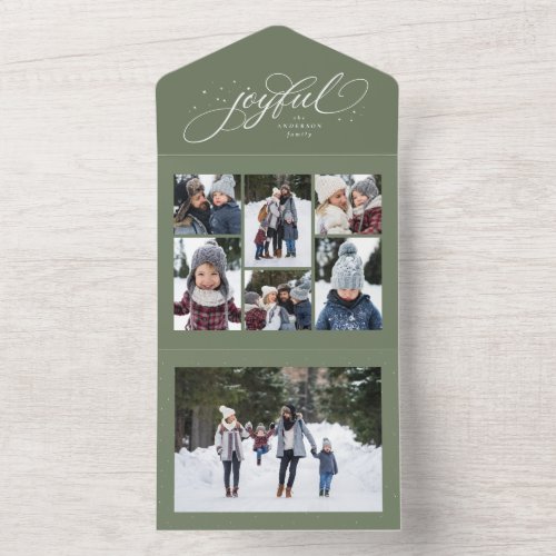 Joyful Christmas collage 7 photo green trifold All In One Invitation