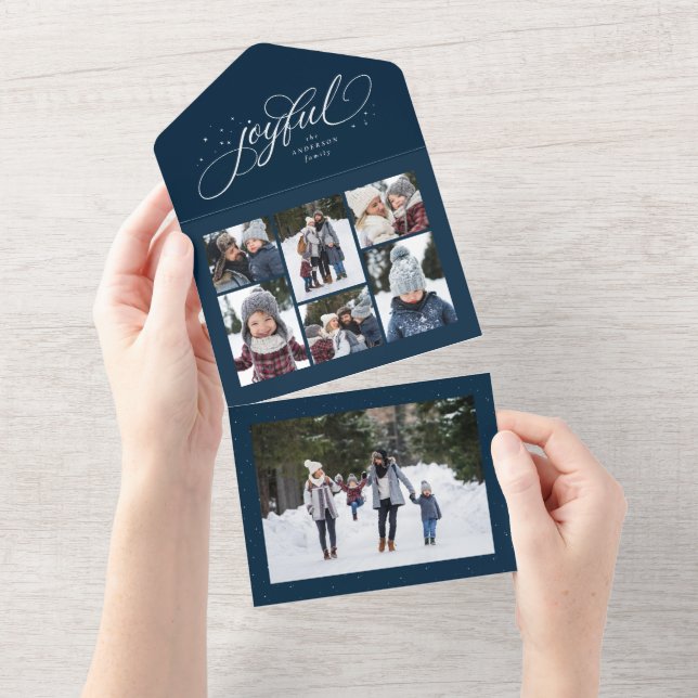 Joyful Christmas collage navy trifold holiday All In One Invitation (Tearaway)