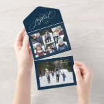 Joyful Christmas collage navy trifold holiday All In One Invitation<br><div class="desc">An elegant script "joyful" is surrounded by sparkly stars on this unique holiday card. Personalize it with your collage of 6 photos and large single photo. There's also room for a longer message that can work as an update or left blank. Perfect for sending Christmas cheer to friends and family....</div>