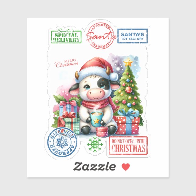 Joyful Christmas Cow With Gifts! Sticker (Sheet)
