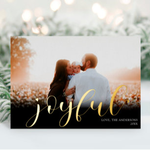Joyful Christmas Elegant black gold foil photo Holiday Card