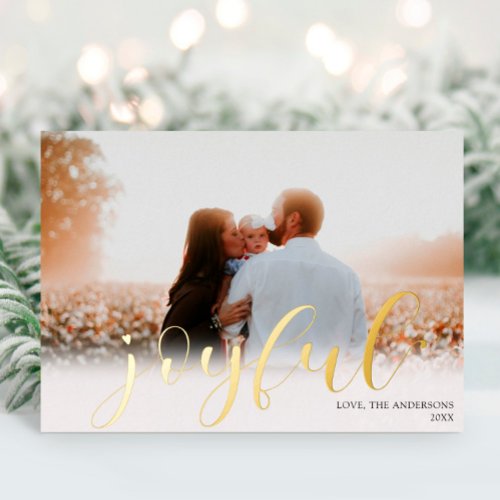Joyful Christmas Elegant white gold foil photo  Foil Holiday Card
