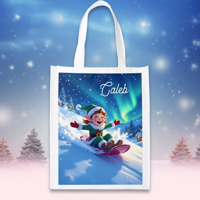 Joyful Christmas Elf Sledding  Grocery Bag (Creator Uploaded)