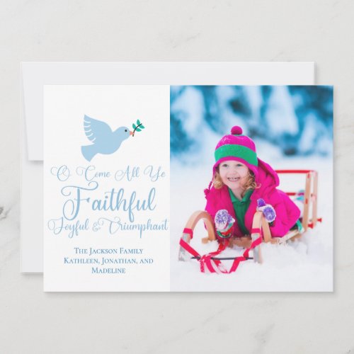 Joyful Christmas Family Photo Blue Dove Religious Holiday Card