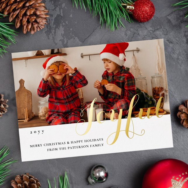 Joyful Christmas Family Photo Modern Script Foil Invitation (Creator Uploaded)