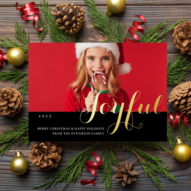 Joyful Christmas Family Photo Modern Script Foil Invitation (Creator Uploaded)