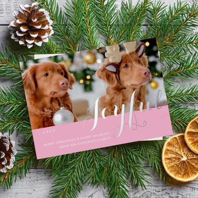 Joyful Christmas Family Photo Modern Script Foil Invitation (Creator Uploaded)