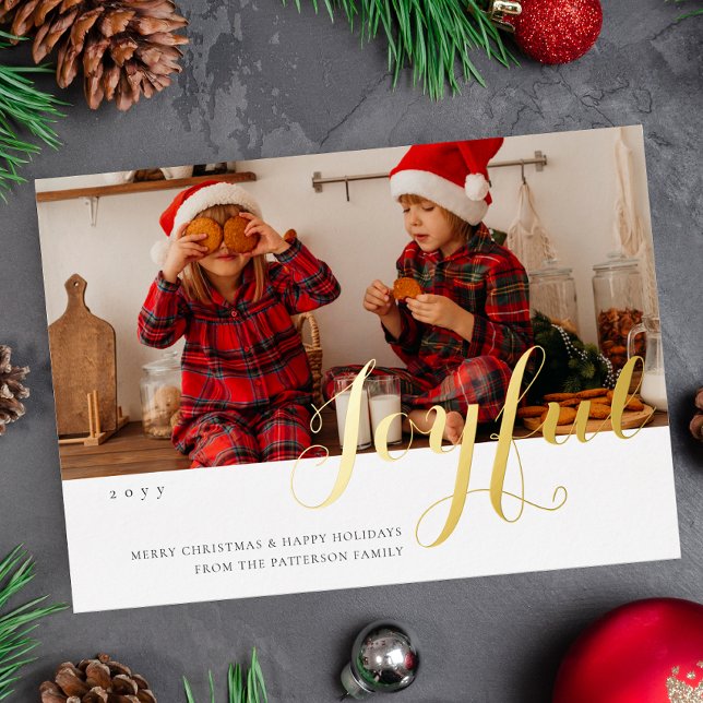 Joyful Christmas Family Photo Modern Script Foil Invitation (Creator Uploaded)