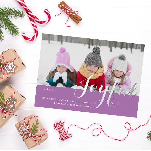 Joyful Christmas Family Photo Modern Script Foil Invitation (Creator Uploaded)