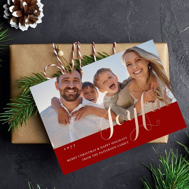 Joyful Christmas Family Photo Modern Script Foil Invitation (Creator Uploaded)