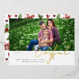 Joyful Christmas Family Photo Modern Script Foil Invitation