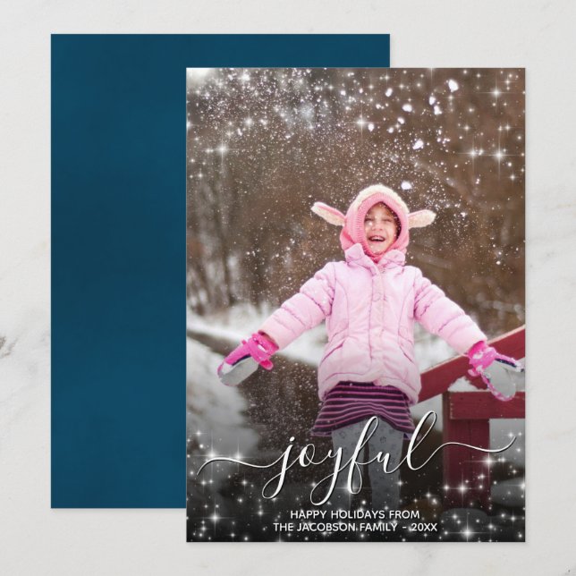 Joyful Christmas Festive Stars Photo Blue Holiday Card (Front/Back)