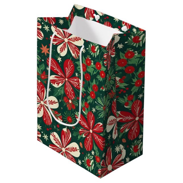 Joyful Christmas Flowers and Stars Medium Gift Bag (Front Angled)