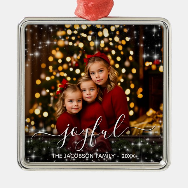 Joyful Christmas Fun Sparkles Holiday Photo Metal Ornament (Front)