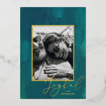Joyful Christmas. Gold abstract green oil brush Foil Holiday Card<br><div class="desc">Gold modern abstract oil brush stroke Christmas photo card "Joyful" in green,  dark teal colors. Please contact me if you need additional items.</div>