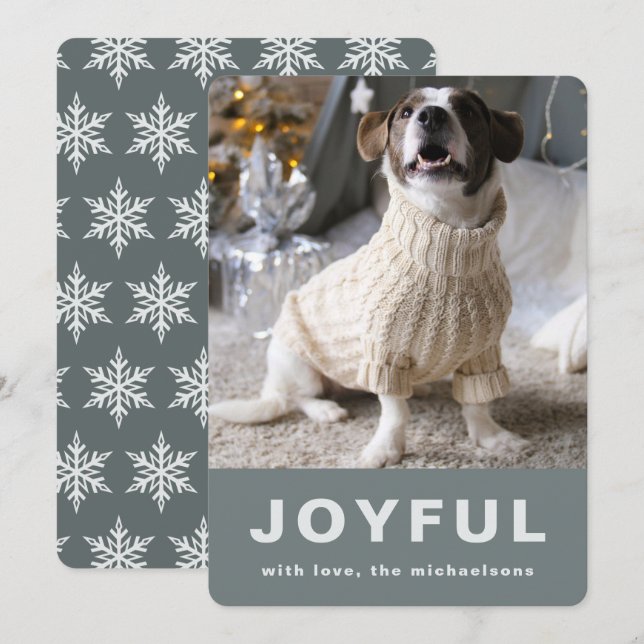 Joyful Christmas Gray Snowflake Print Photo Holiday Card (Front/Back)