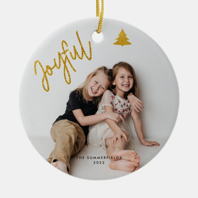 Joyful Christmas Holiday Script Photos Grandma Ceramic Ornament (Front)
