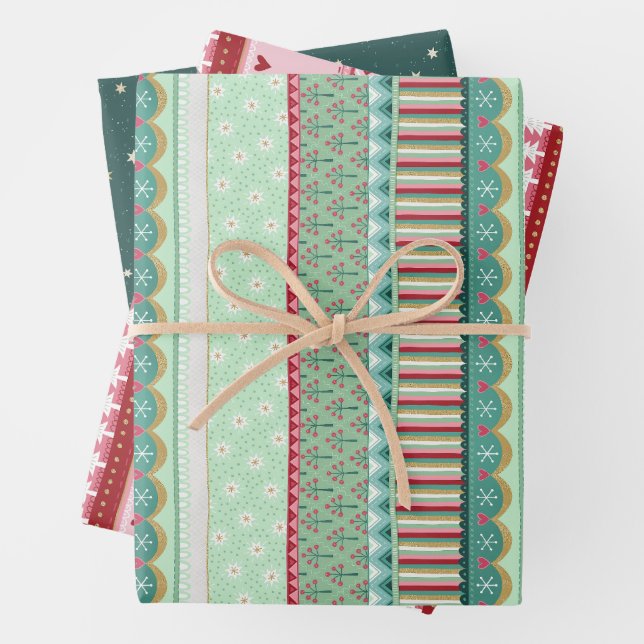Joyful Christmas Pattern Set of Three Wrapping Paper Sheets (In situ)